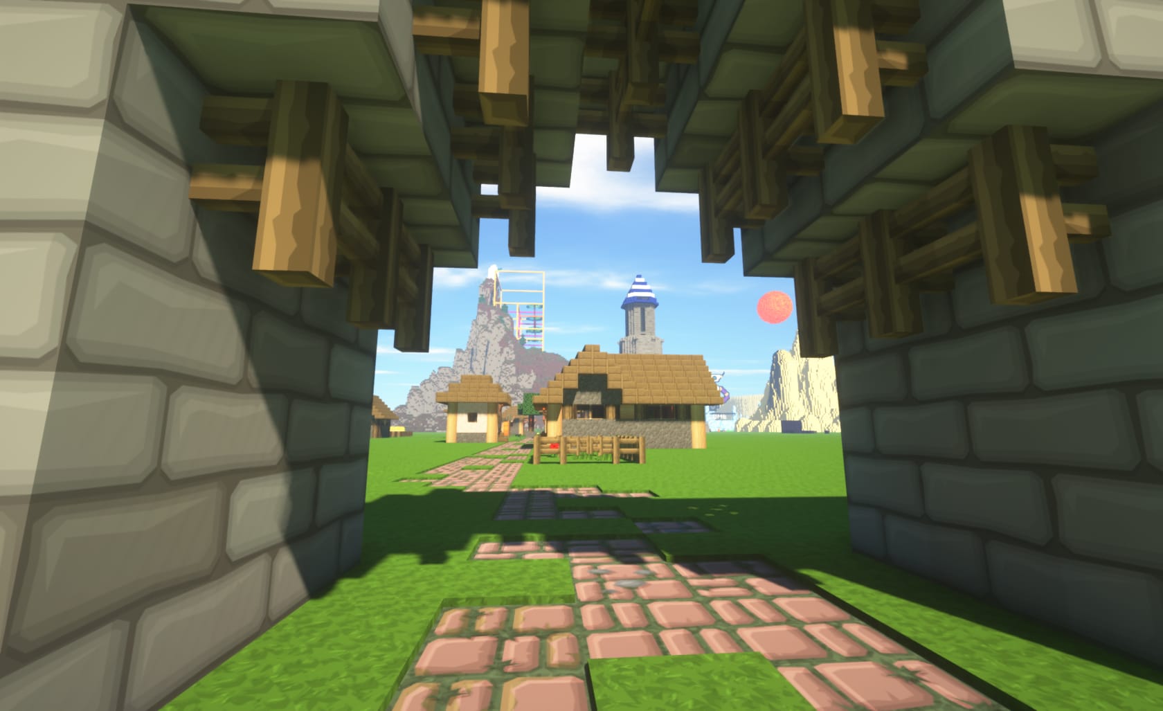 Screenshot of Minecraft game (Using PureBDCraft Minecraft Resource pack https://bdcraft.net) depicting: An archway with buildings and a mountain in the distance.