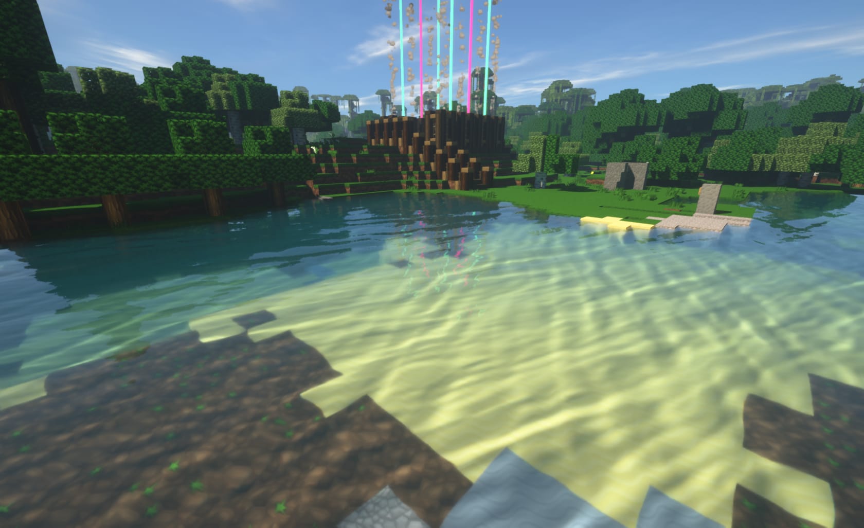 Screenshot of Minecraft game (Using PureBDCraft Minecraft Resource pack https://bdcraft.net) depicting: Landscape with a large shallow pool of water with a forest and wooden building in the distance.