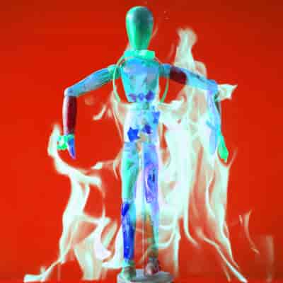 Red background, in front a wooden mannequin coloured cyan with white flame silhouettes 