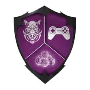 A purple Heater shaped shield with 3 symbols in each corner, left boar face, right game controller, bottom multiple dice